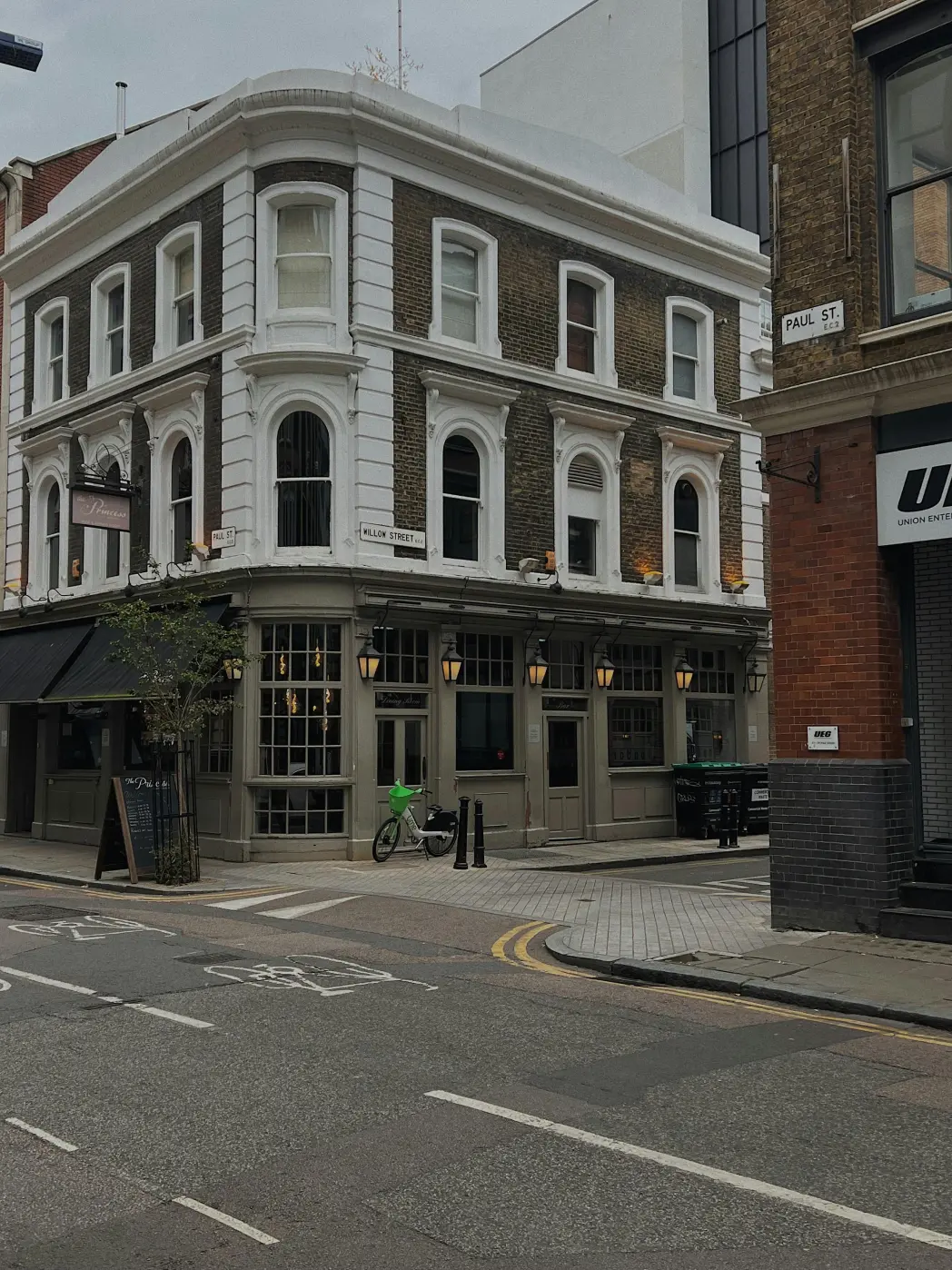 London office. Street view of a vintage brick building.